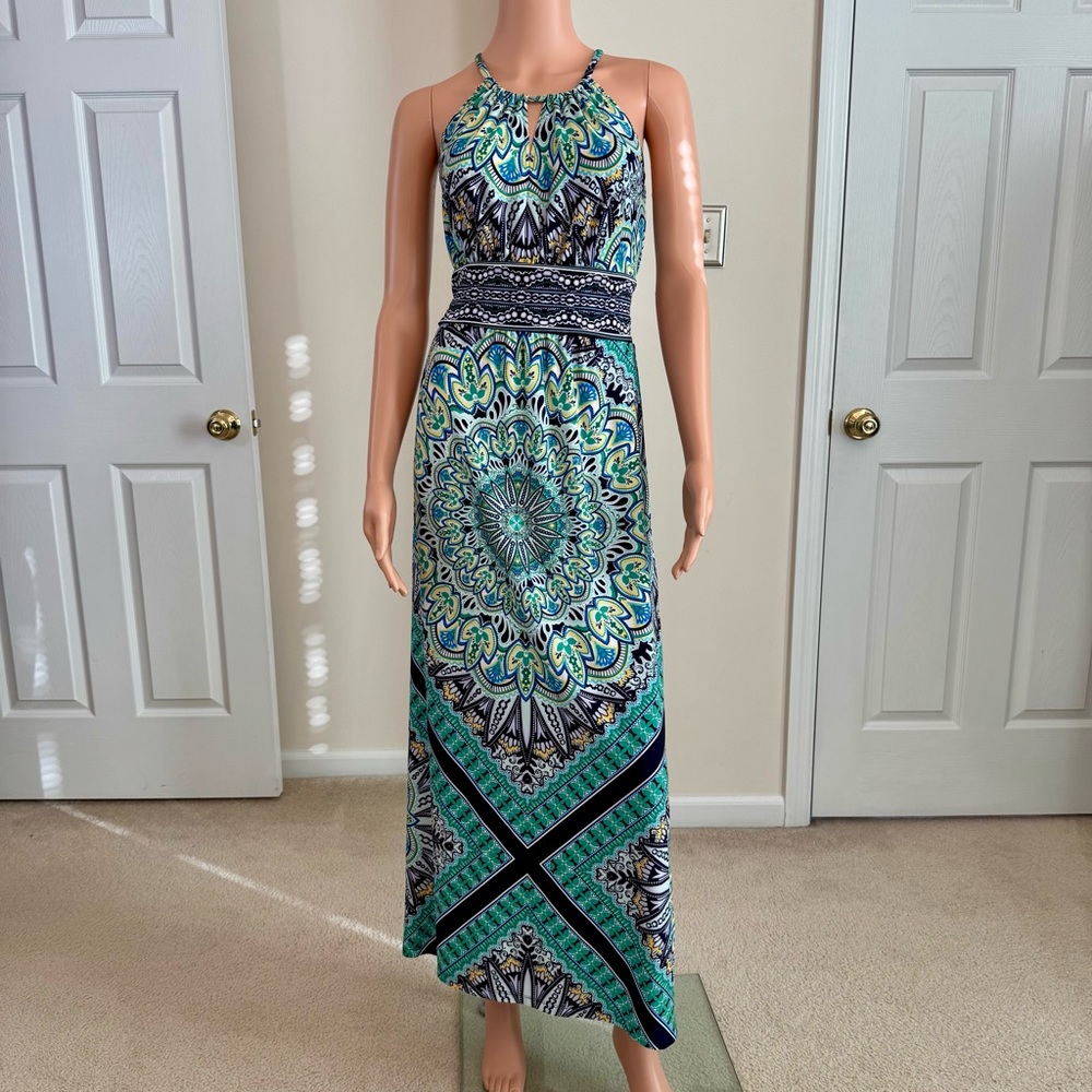 London Times Petite Boho Tropical Colorful Peacock Design Maxi Vacation Dress 8P